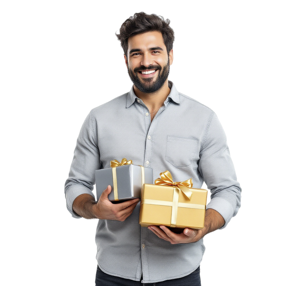 Smiling man holding two gift boxes png