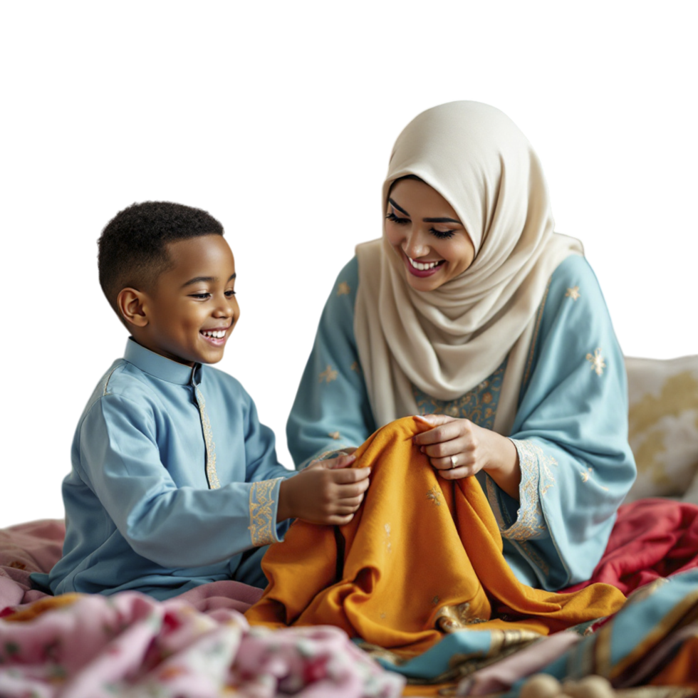 A woman and a child in a hijab are sitting on a bed png