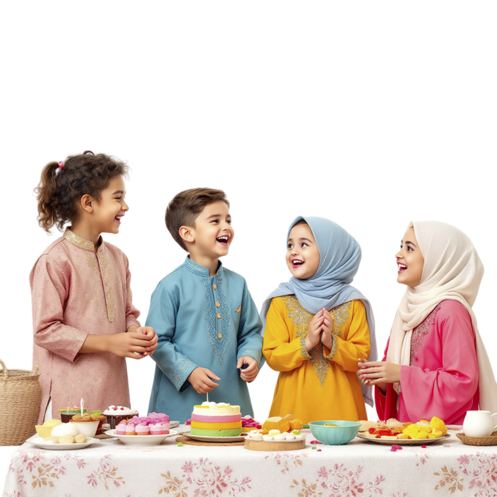 Four children in traditional clothing standing around a table with a cake png