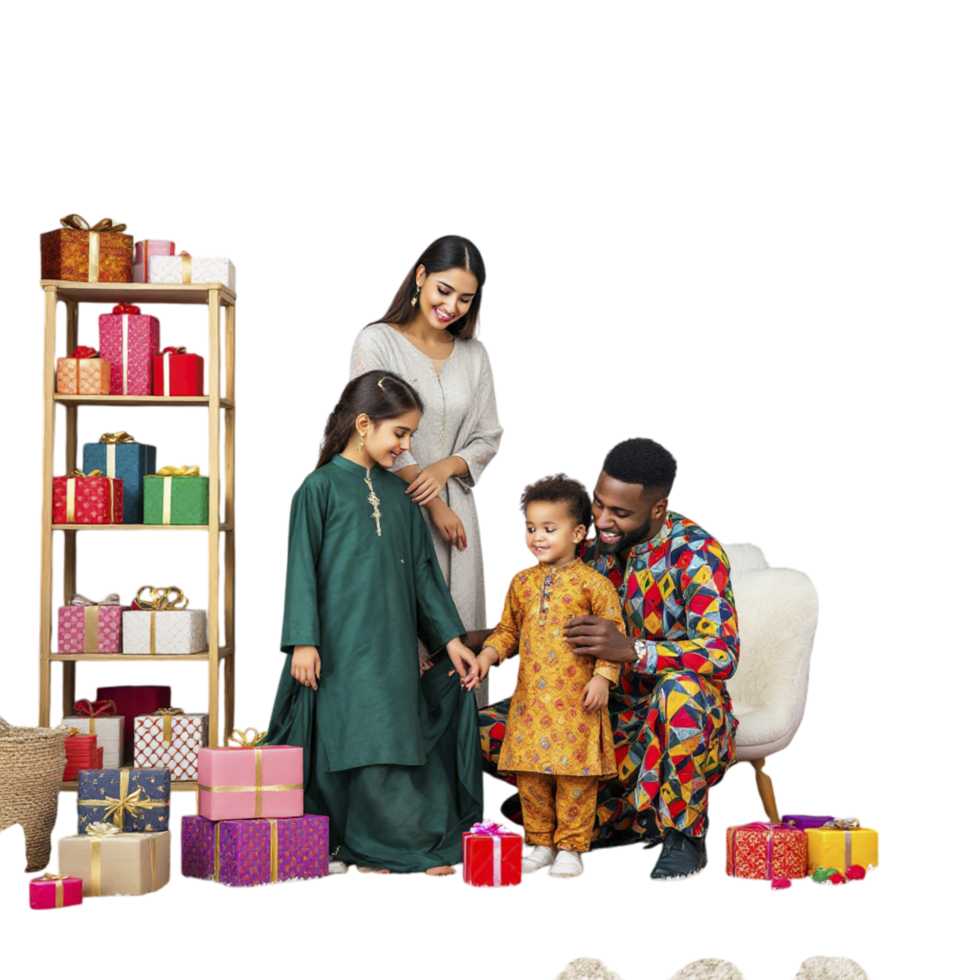 A family is standing in front of a gift box png