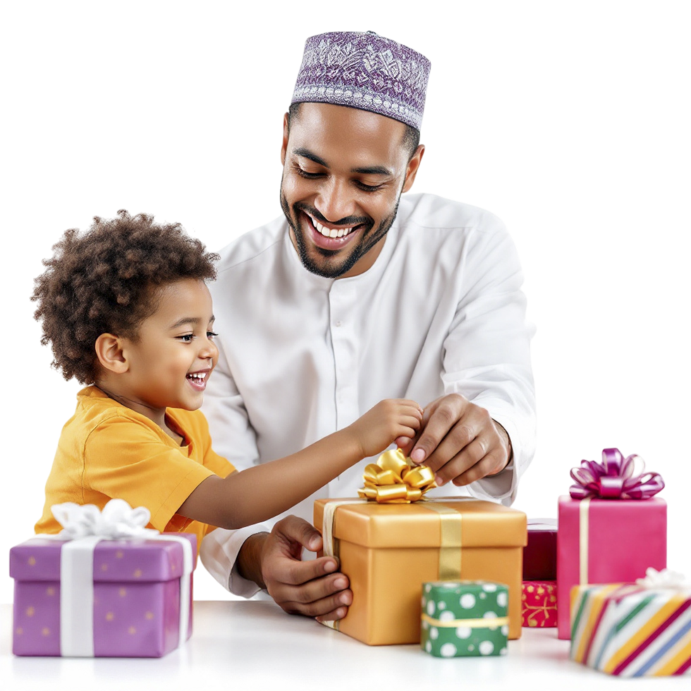 A man and a child are opening presents png