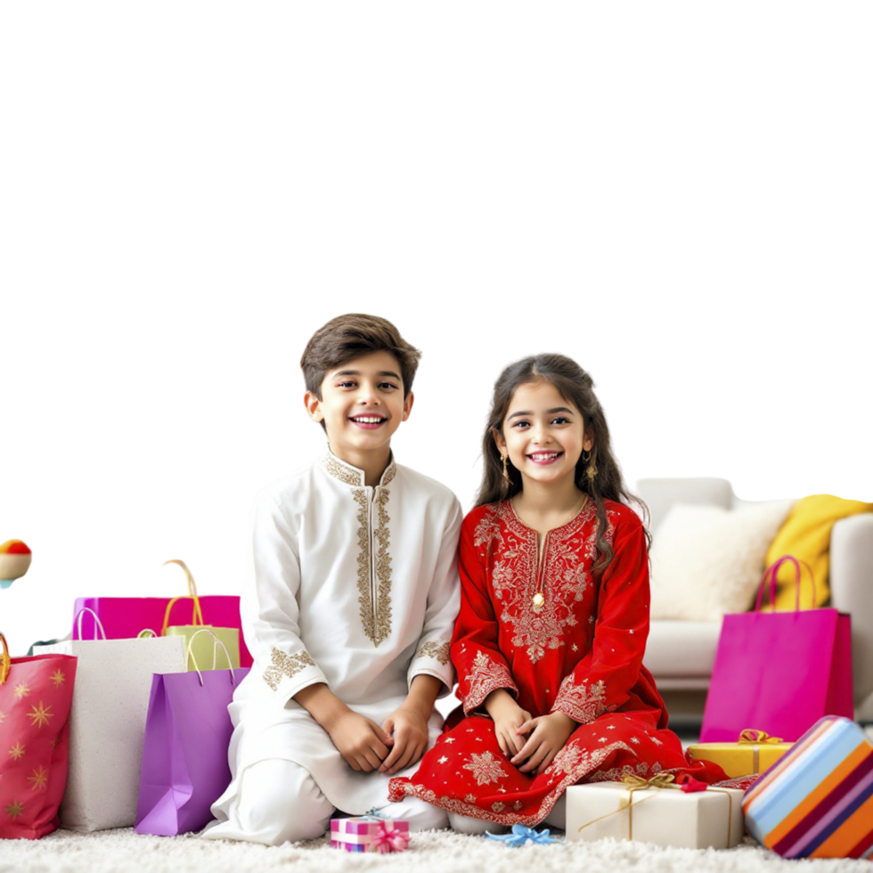 Two children in traditional clothing sitting on a couch with gifts png