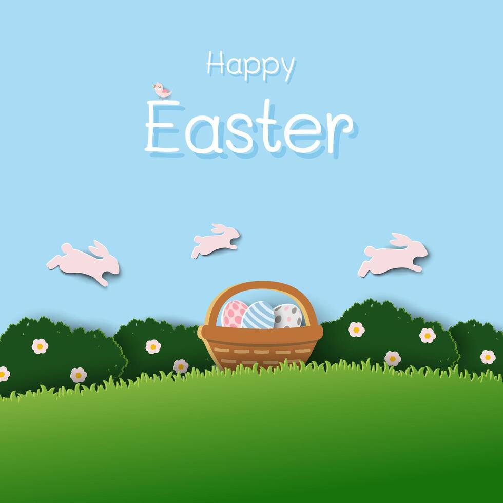 Happy Easter greeting card,celebrate theme with rabbit family on spring garden vector