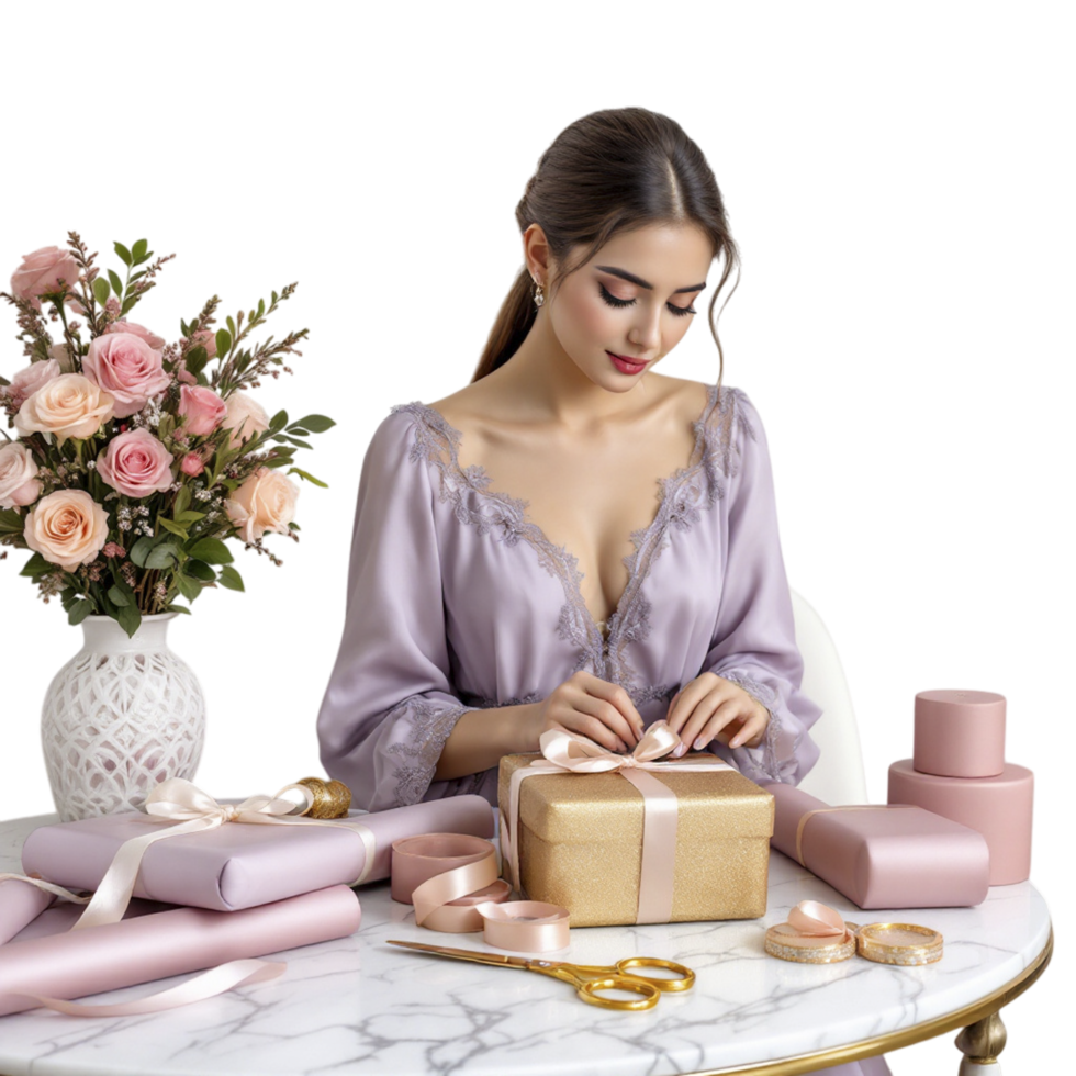 A woman in a pink dress is sitting at a table with a gift box png