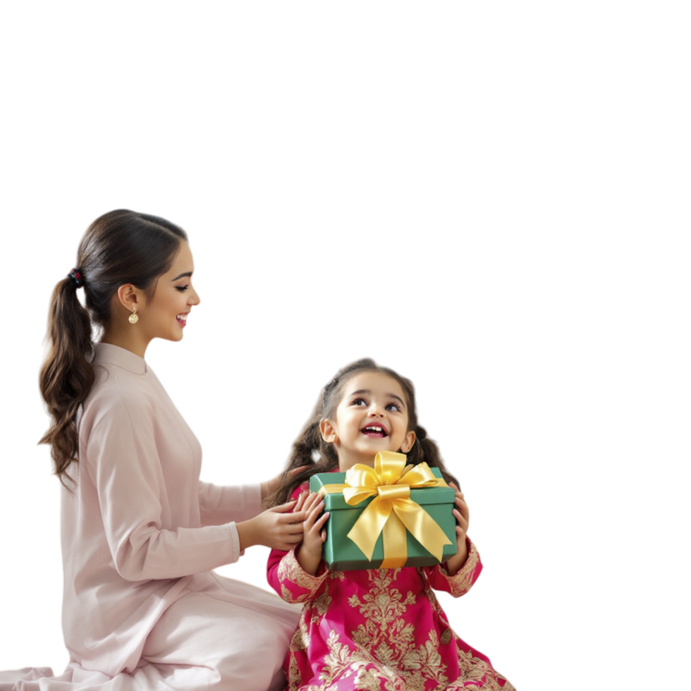 A woman and a child are sitting on a black background holding a gift box png