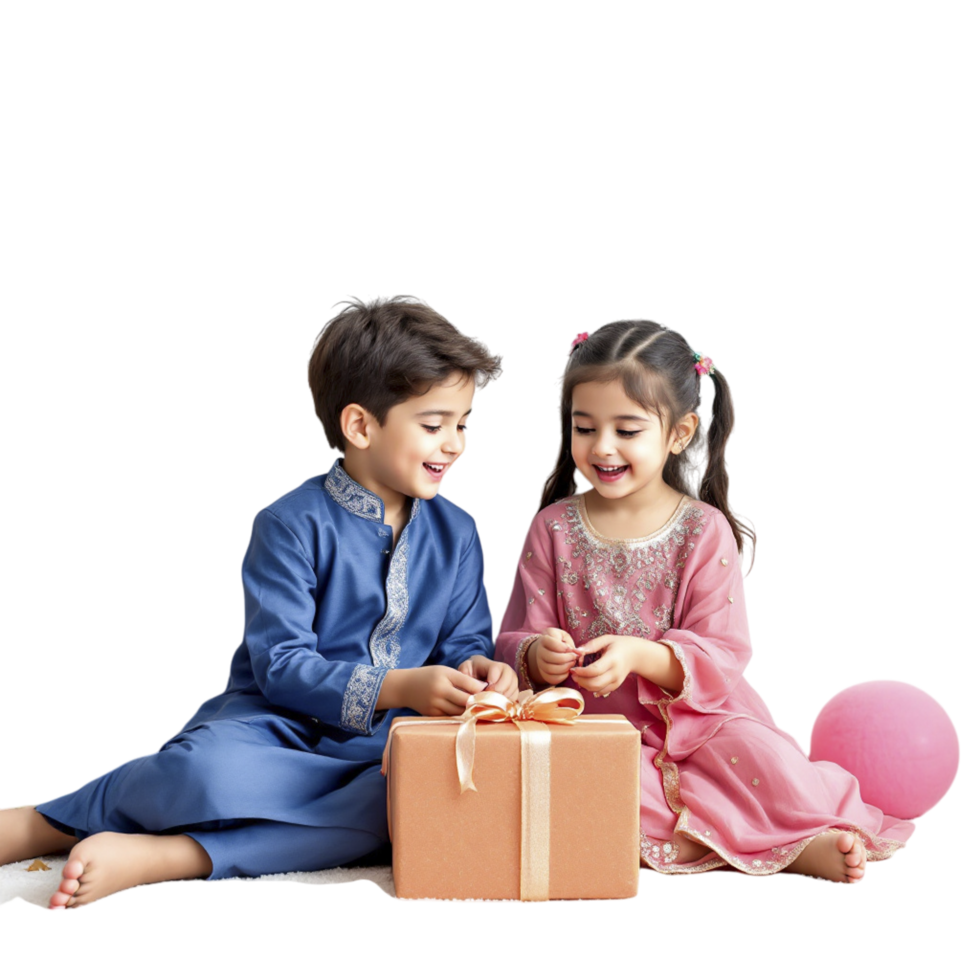 Two children in traditional clothing sitting on a box png