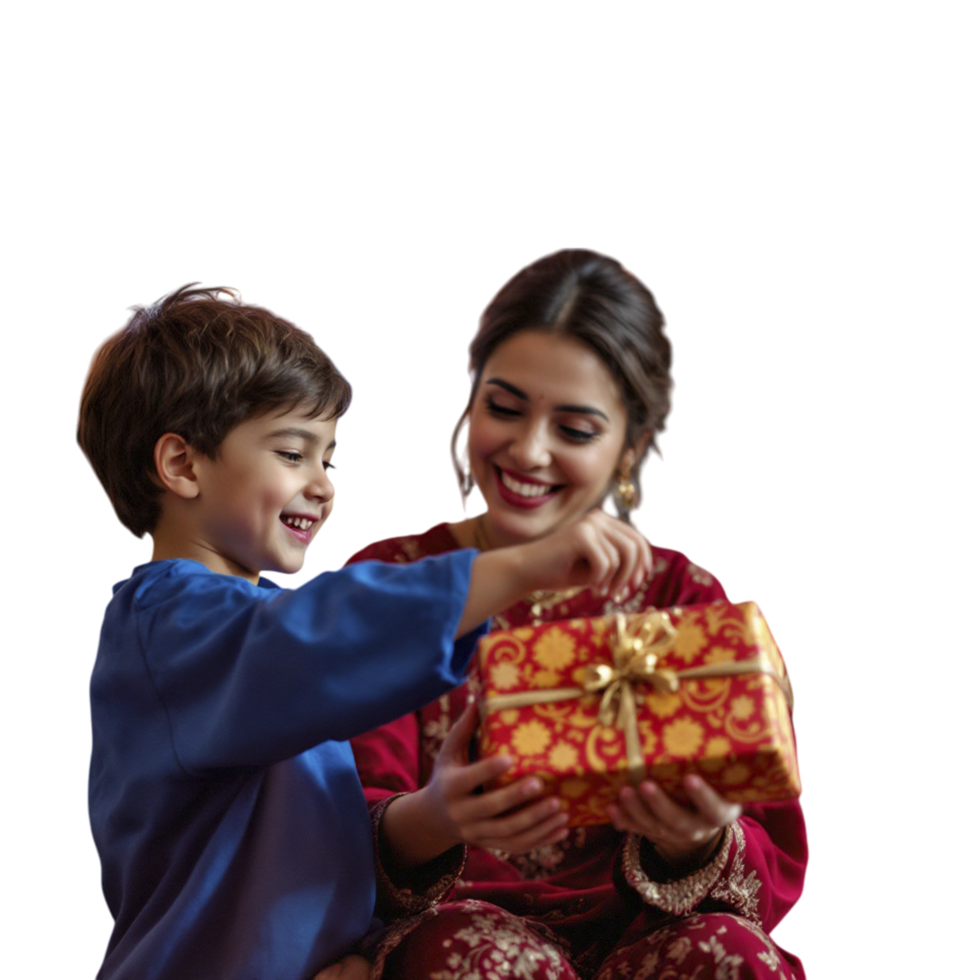 A woman and a boy are opening a gift box png
