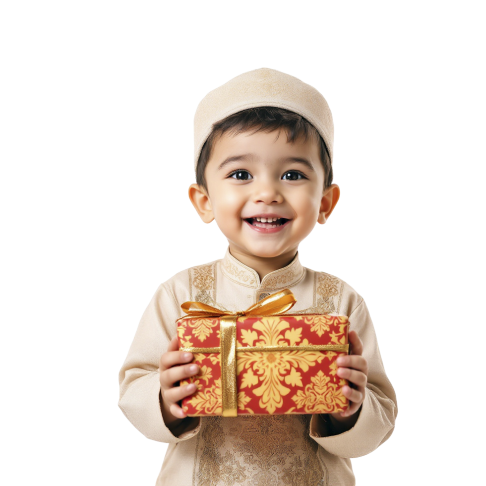 A little boy in traditional clothing holding a gift box png