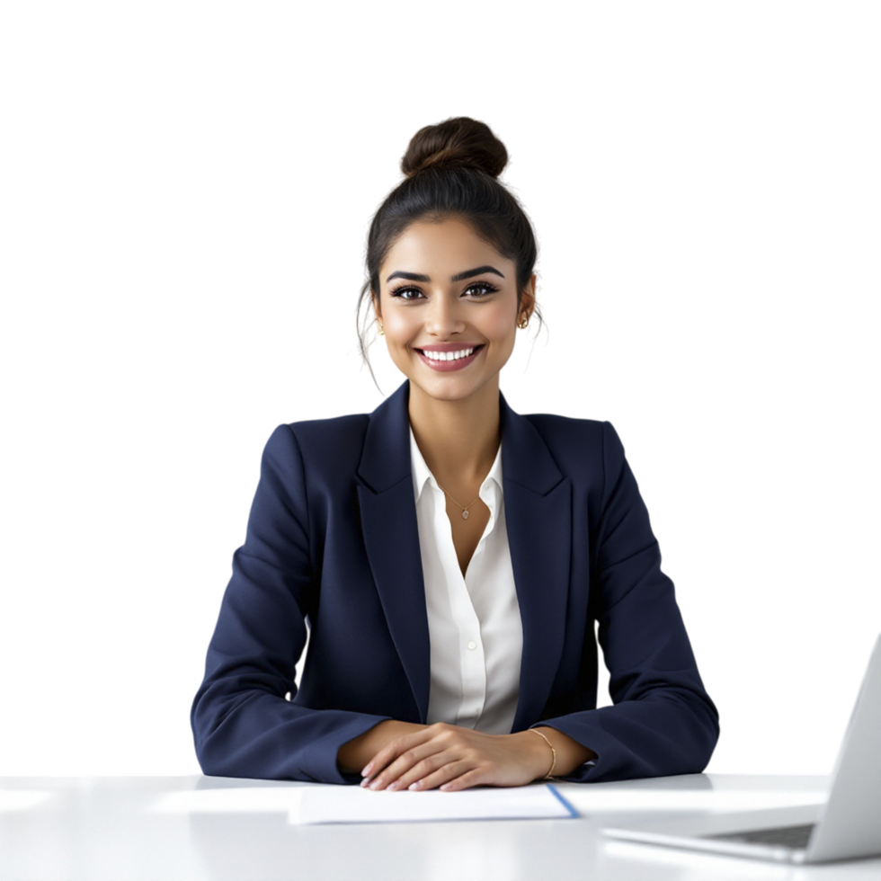A smiling woman in a business suit sitting at a desk png