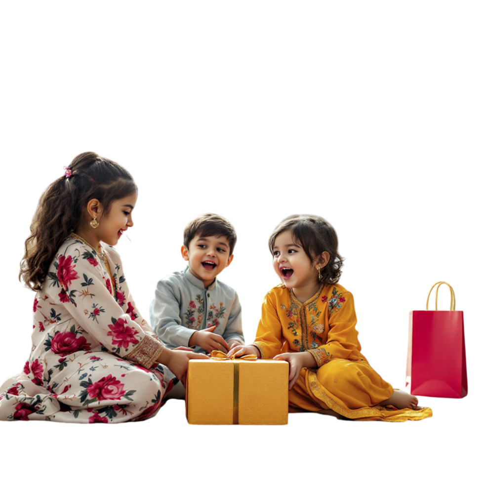 Three children sitting on a box with a gift png