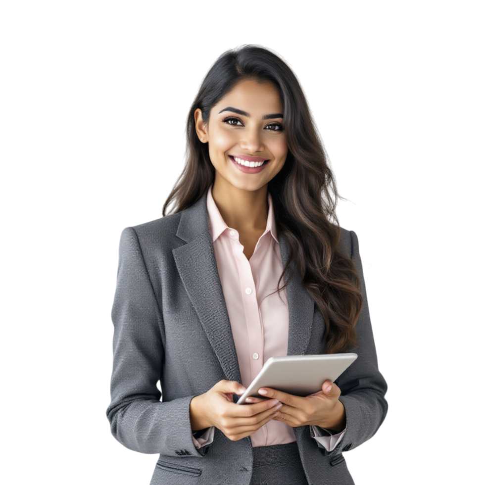 A business woman in a suit holding a tablet png
