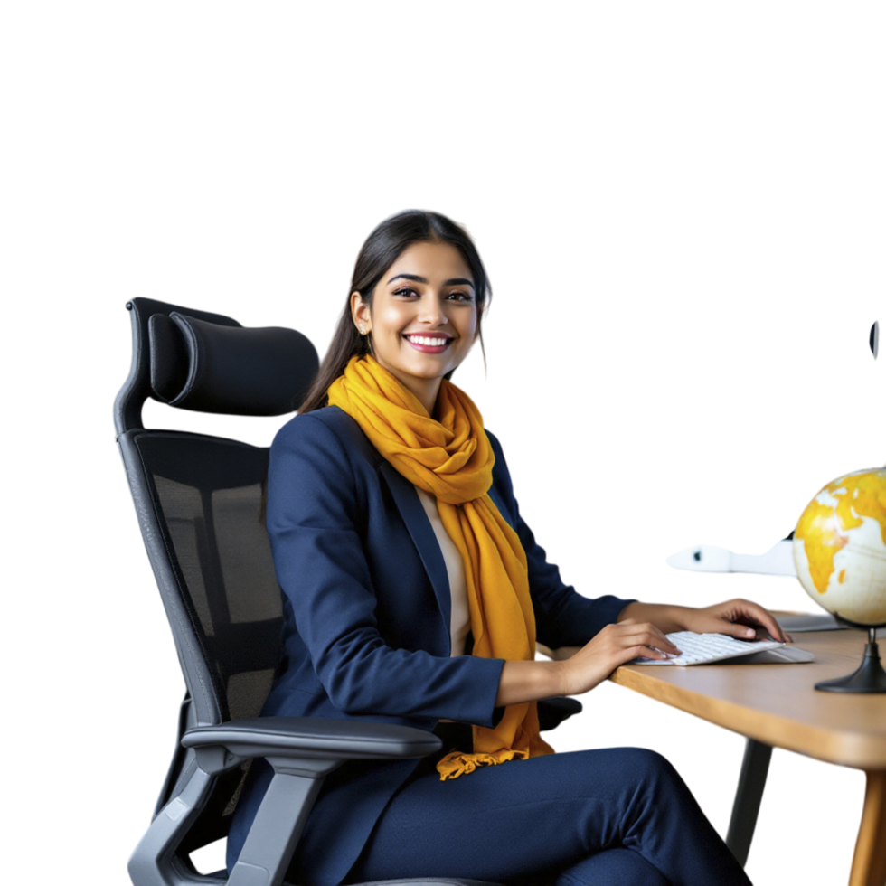 A woman in a business suit sitting at a desk with a globe on her lap png