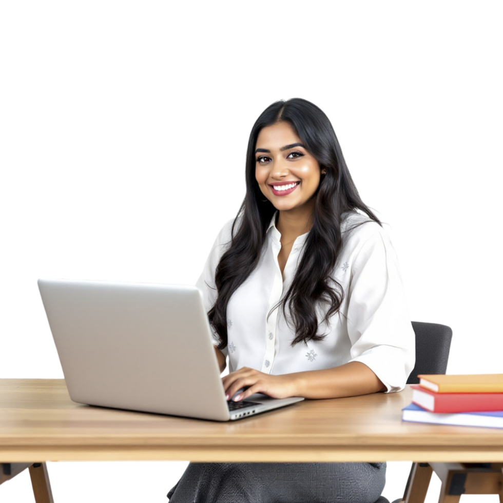 A woman sitting at a desk with a laptop png