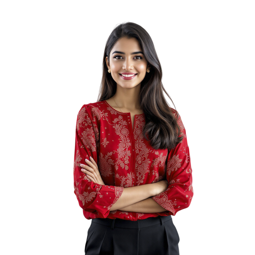 A beautiful indian woman in red shirt posing for the camera png