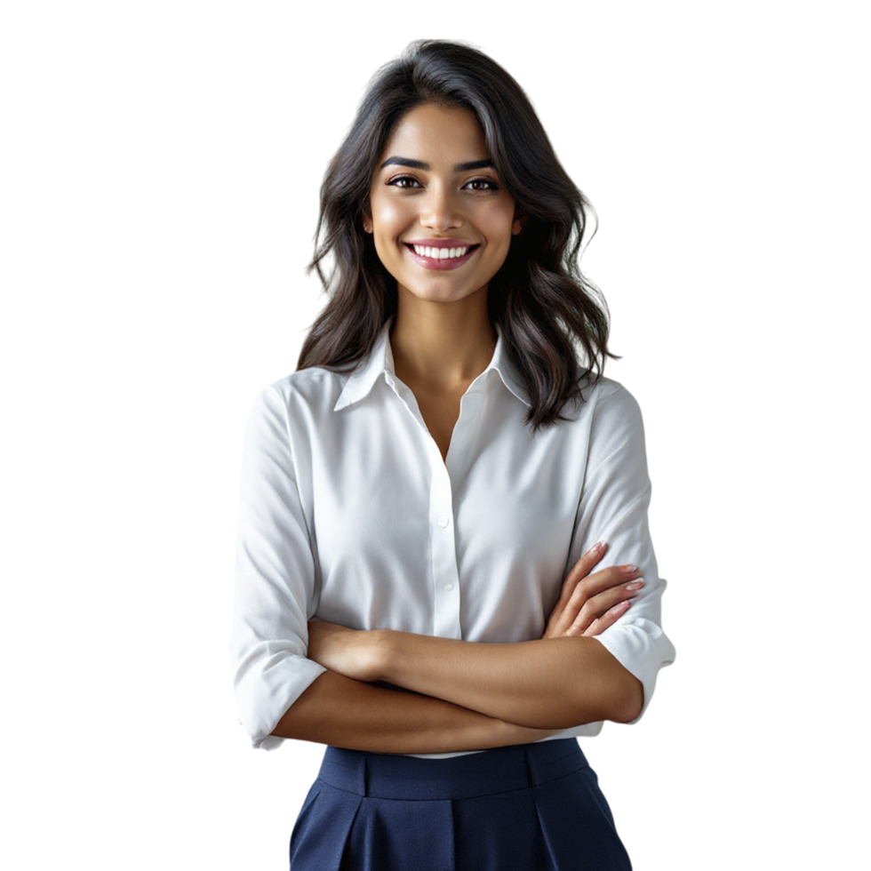 A woman in a white shirt and blue skirt png