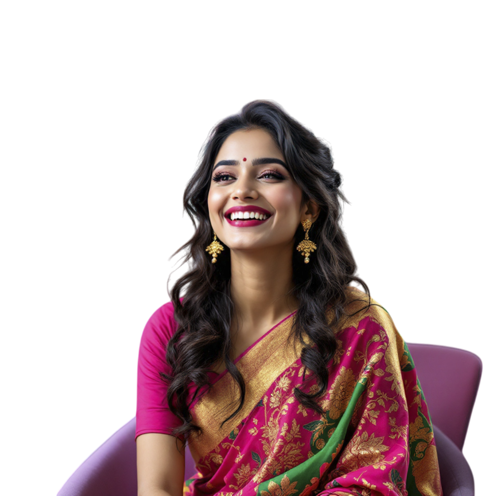 A woman in a pink sari sitting on a purple chair png