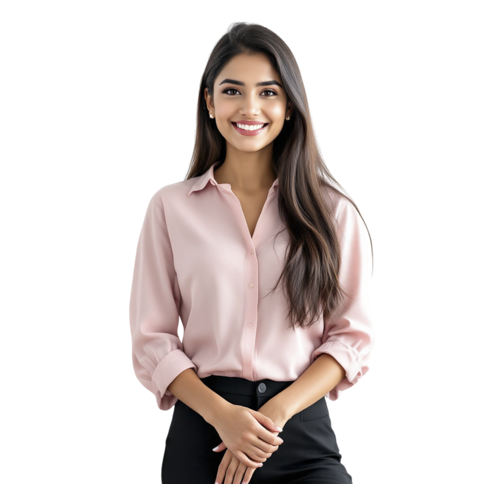 A woman in a pink shirt and black pants png