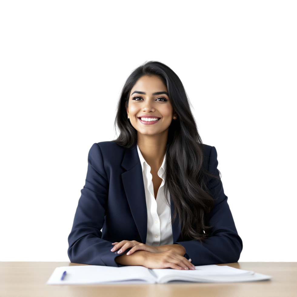 A smiling woman in a business suit sitting at a desk png