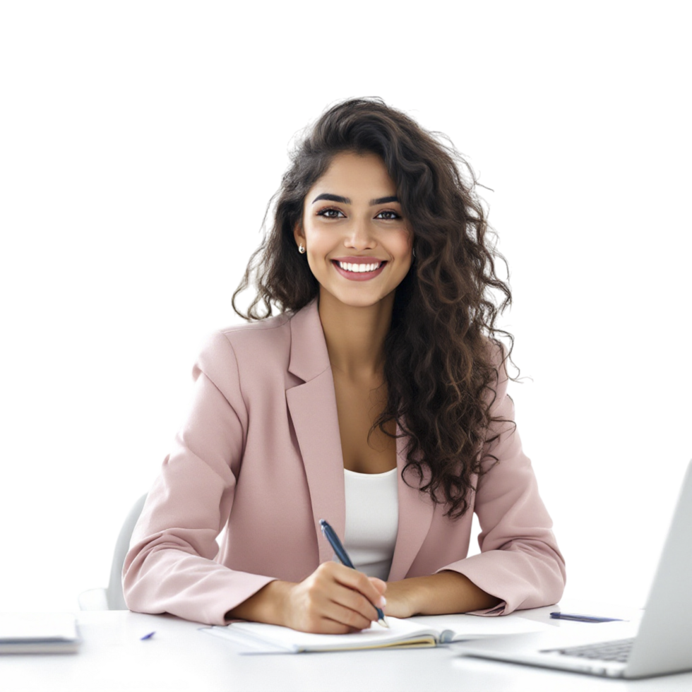 A smiling woman in a business suit sitting at a desk png