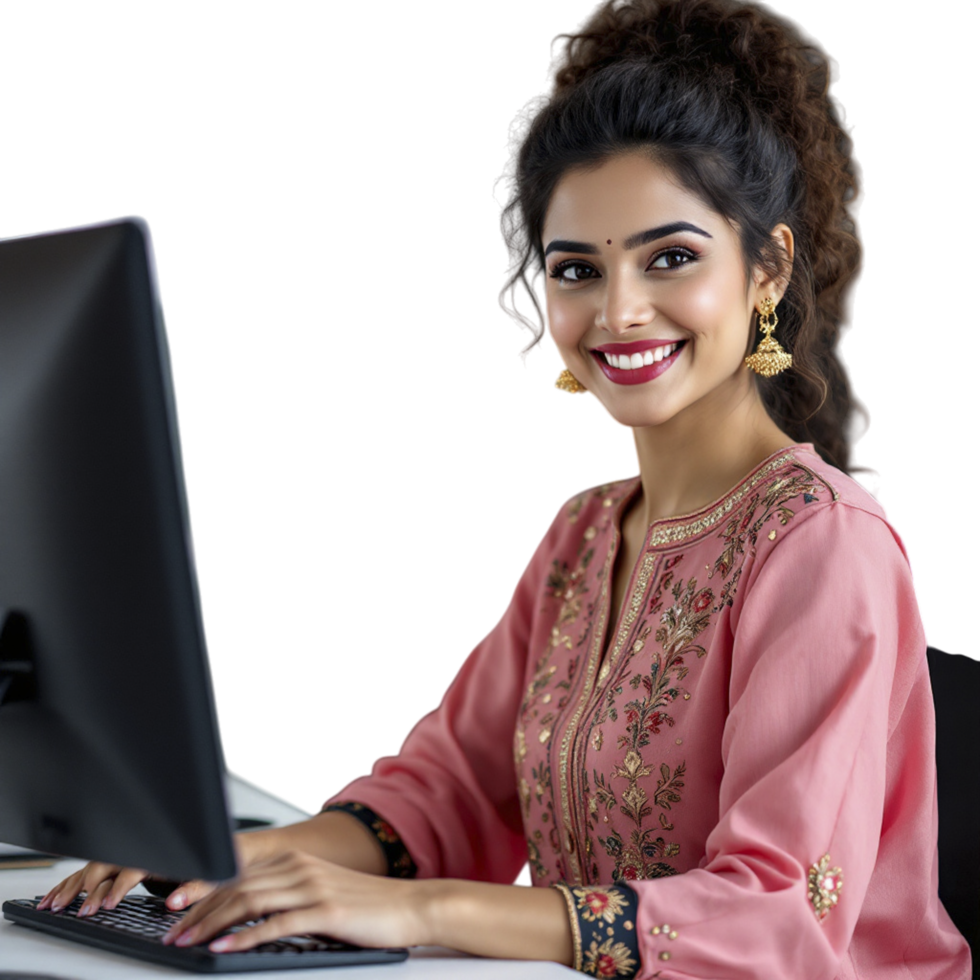 A woman in a pink shirt is smiling while using a computer png