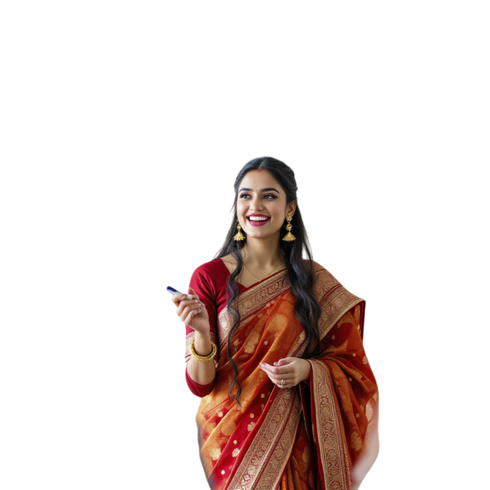 Indian woman in traditional sari holding a mobile phone png