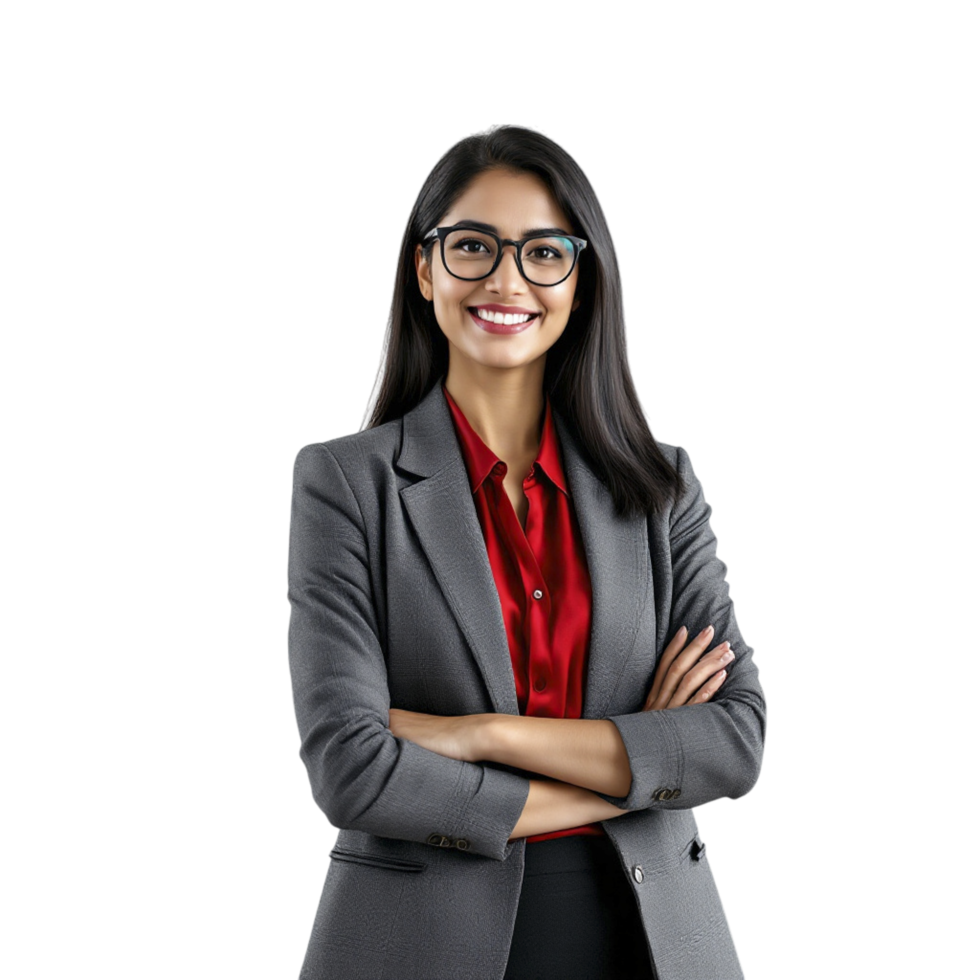 Portrait of a business woman with glasses and red shirt standing with arms crossed png