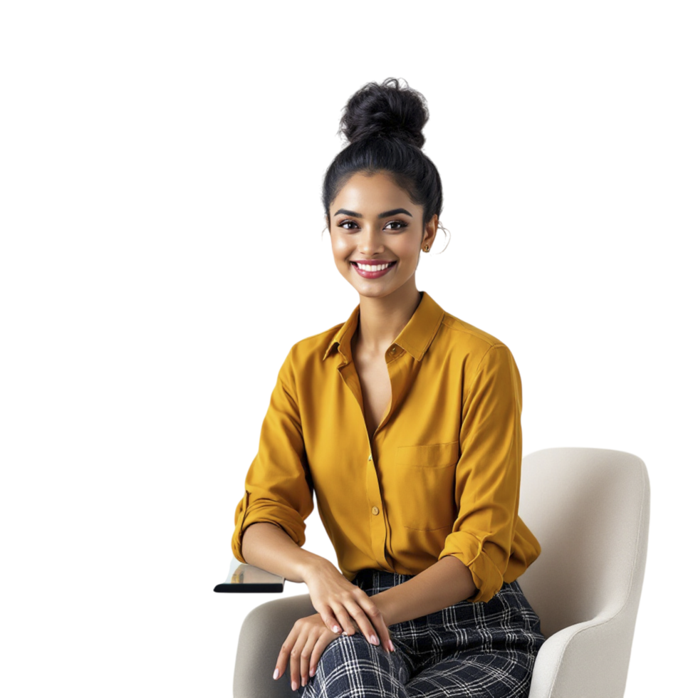 A woman sitting on a chair with a book in her hand png