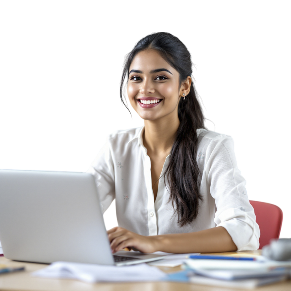 A woman sitting at a desk with a laptop png