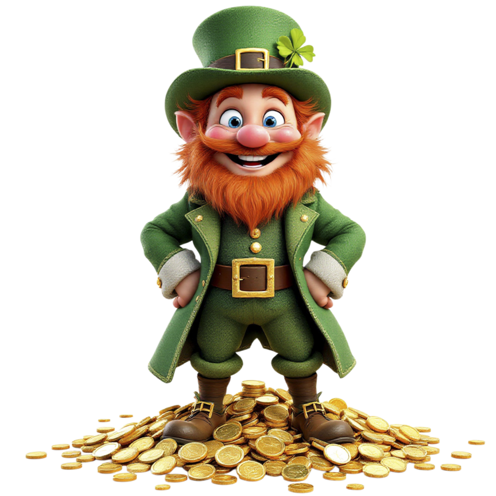A cartoon leprechaun standing on top of a pile of gold coins png