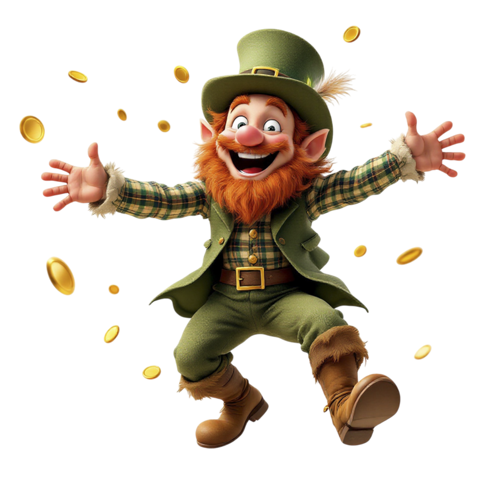 A leprechaun is jumping in the air with gold coins png