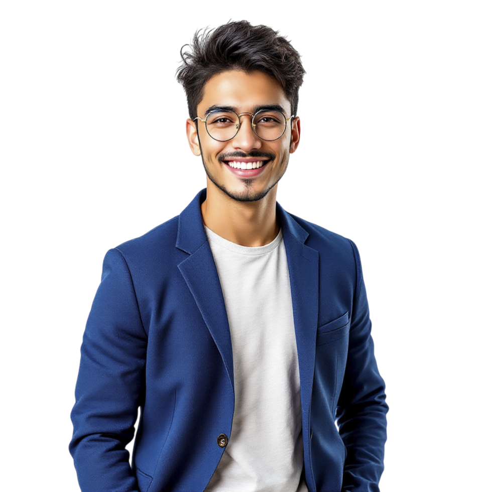 A young man in a blue suit and glasses png