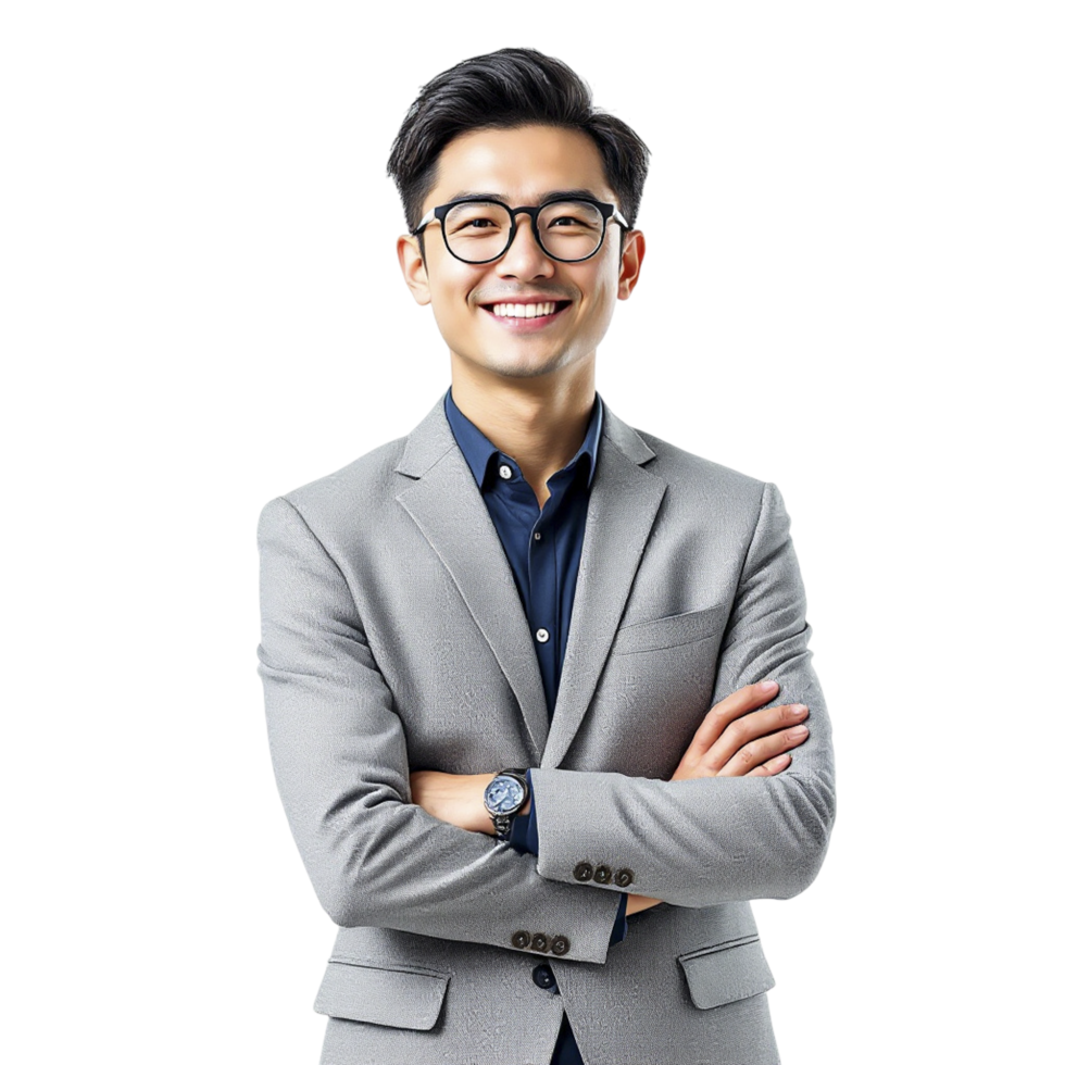 Asian businessman with glasses and suit standing with arms crossed png