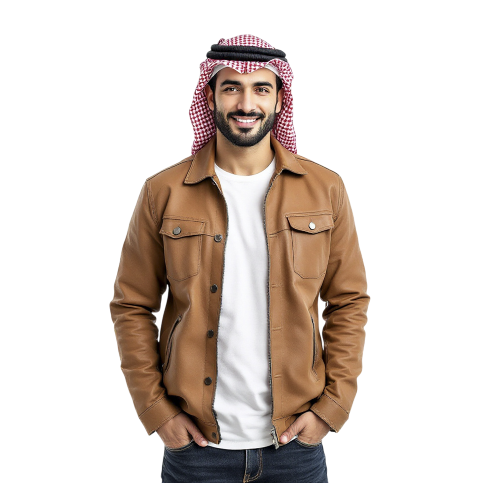 Arab man in brown jacket standing with hands on hips png