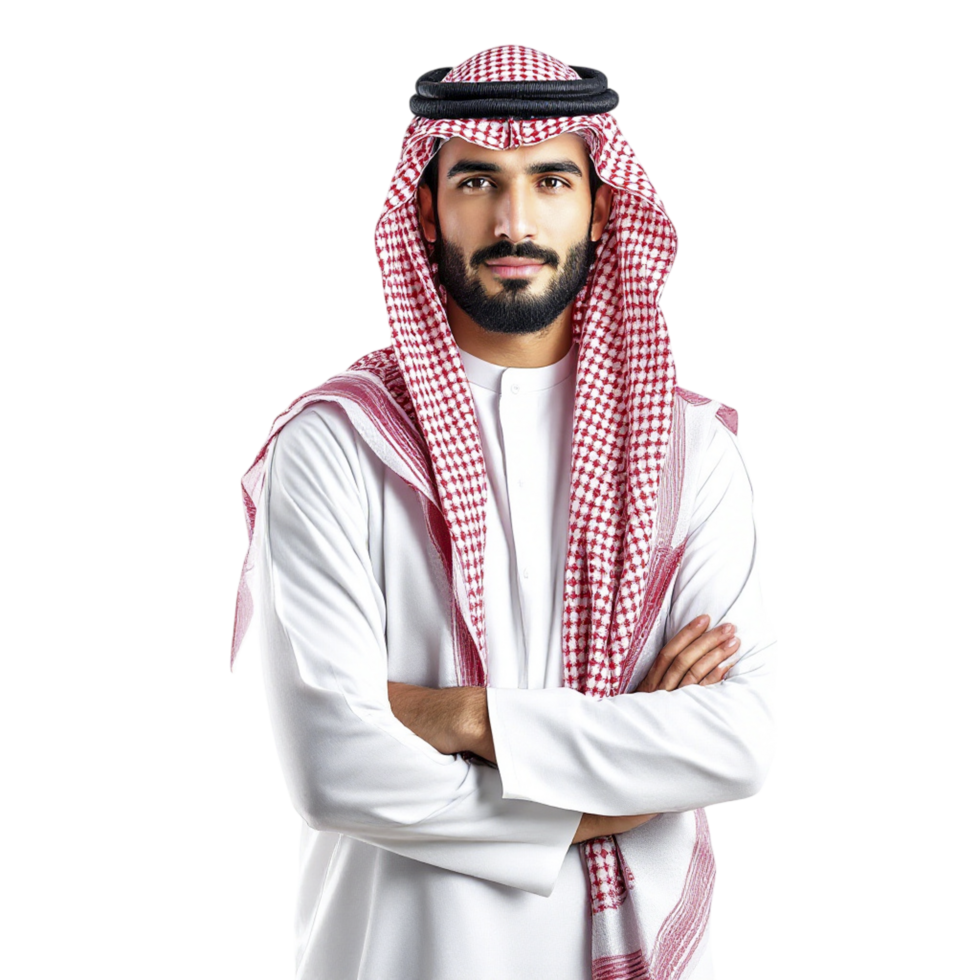 Arab man in traditional clothing standing with arms crossed png