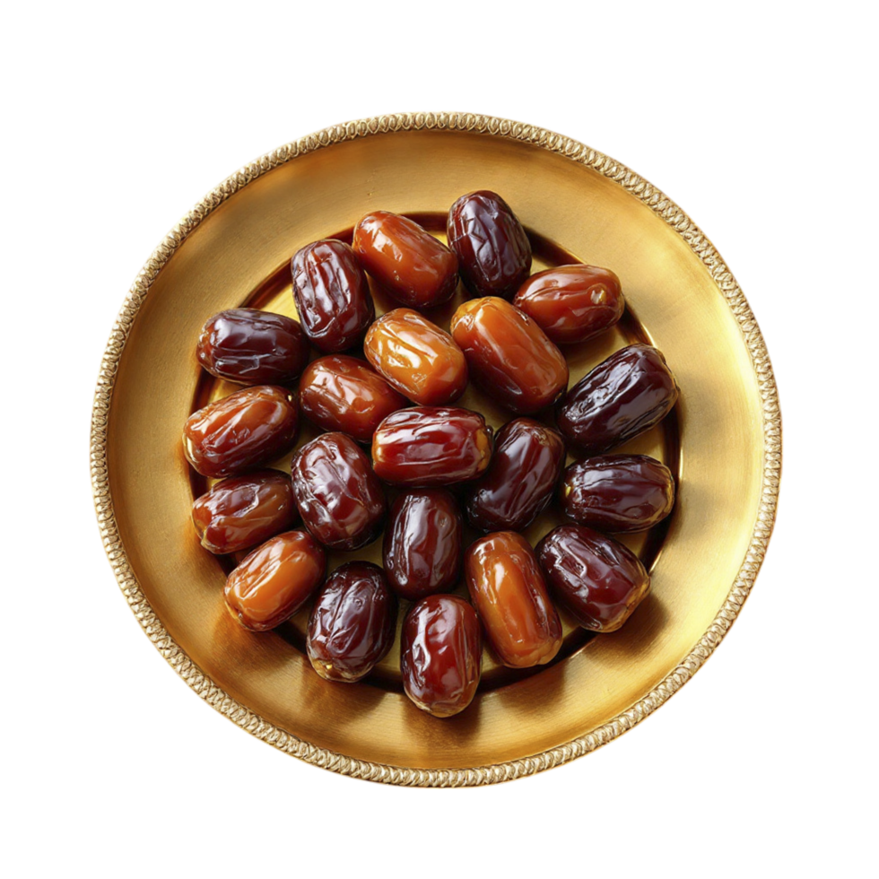 A golden plate filled with dates on a black background png