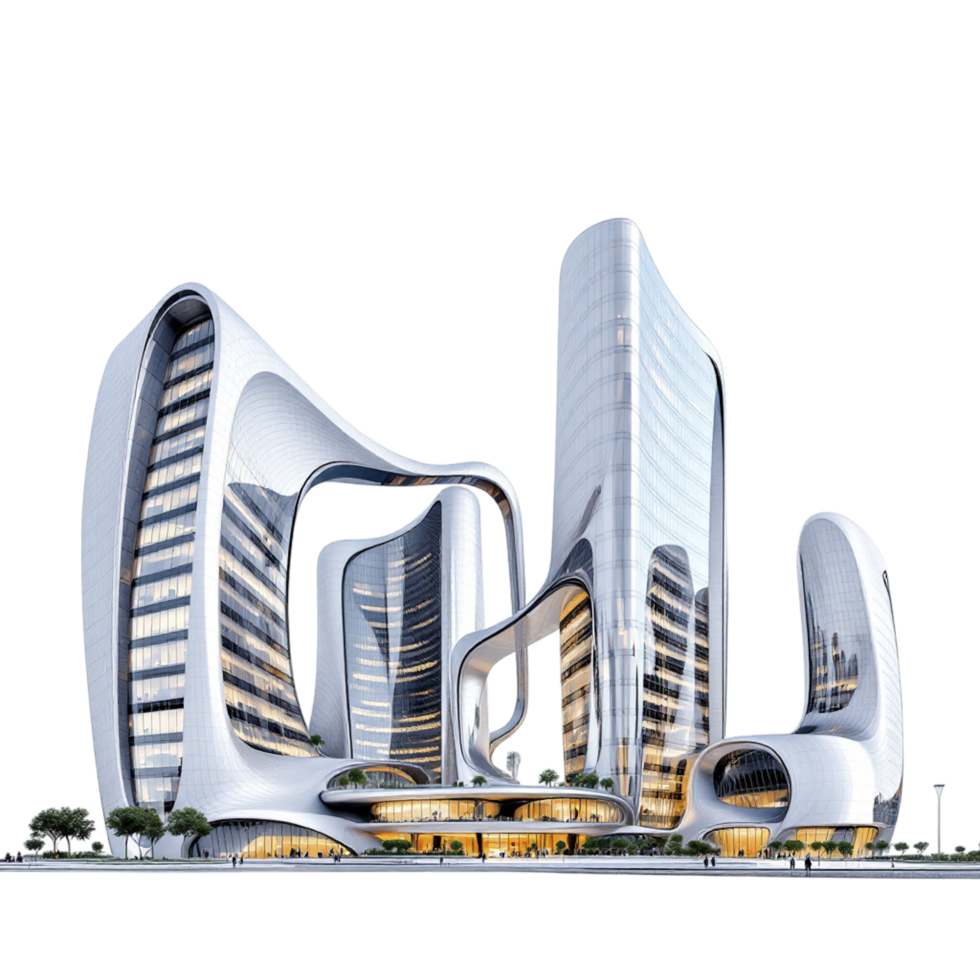 A futuristic building with curved glass windows png