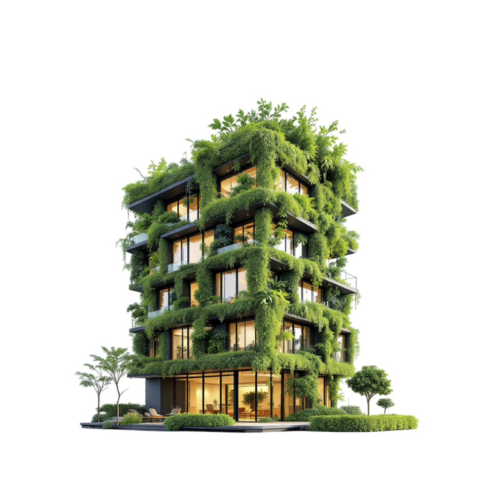A green building with plants growing on it png