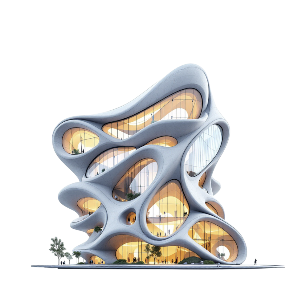A futuristic building with curved walls and windows png