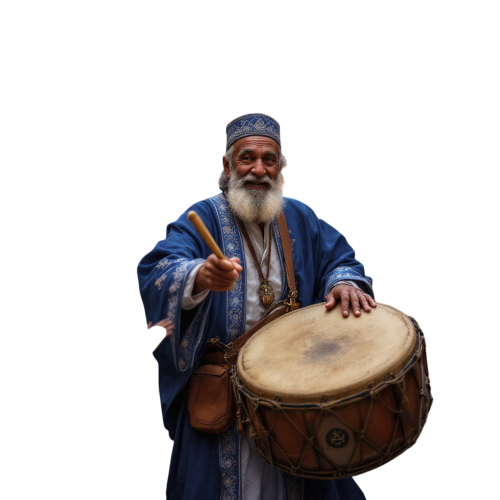 An old man in a blue robe holding a drum png