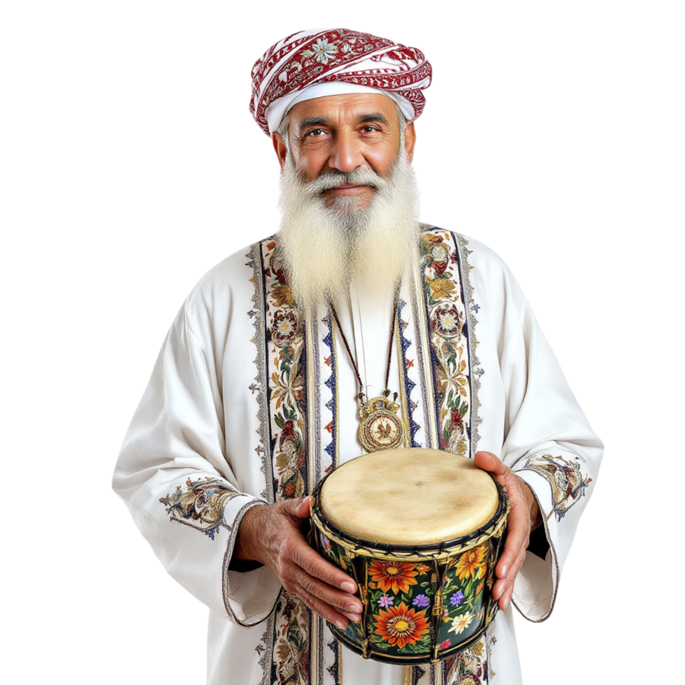 An old man with a long white beard and a turban holding a drum png
