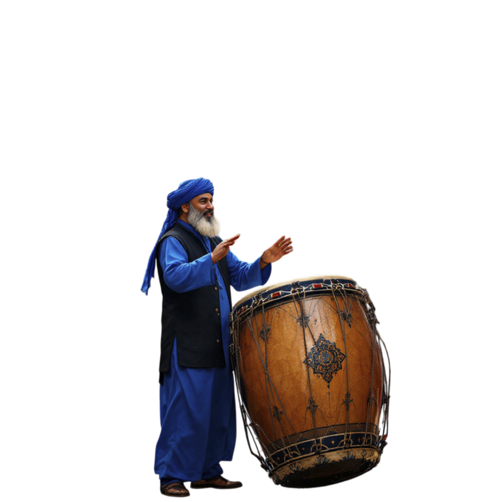 A man in blue outfit playing a drum png
