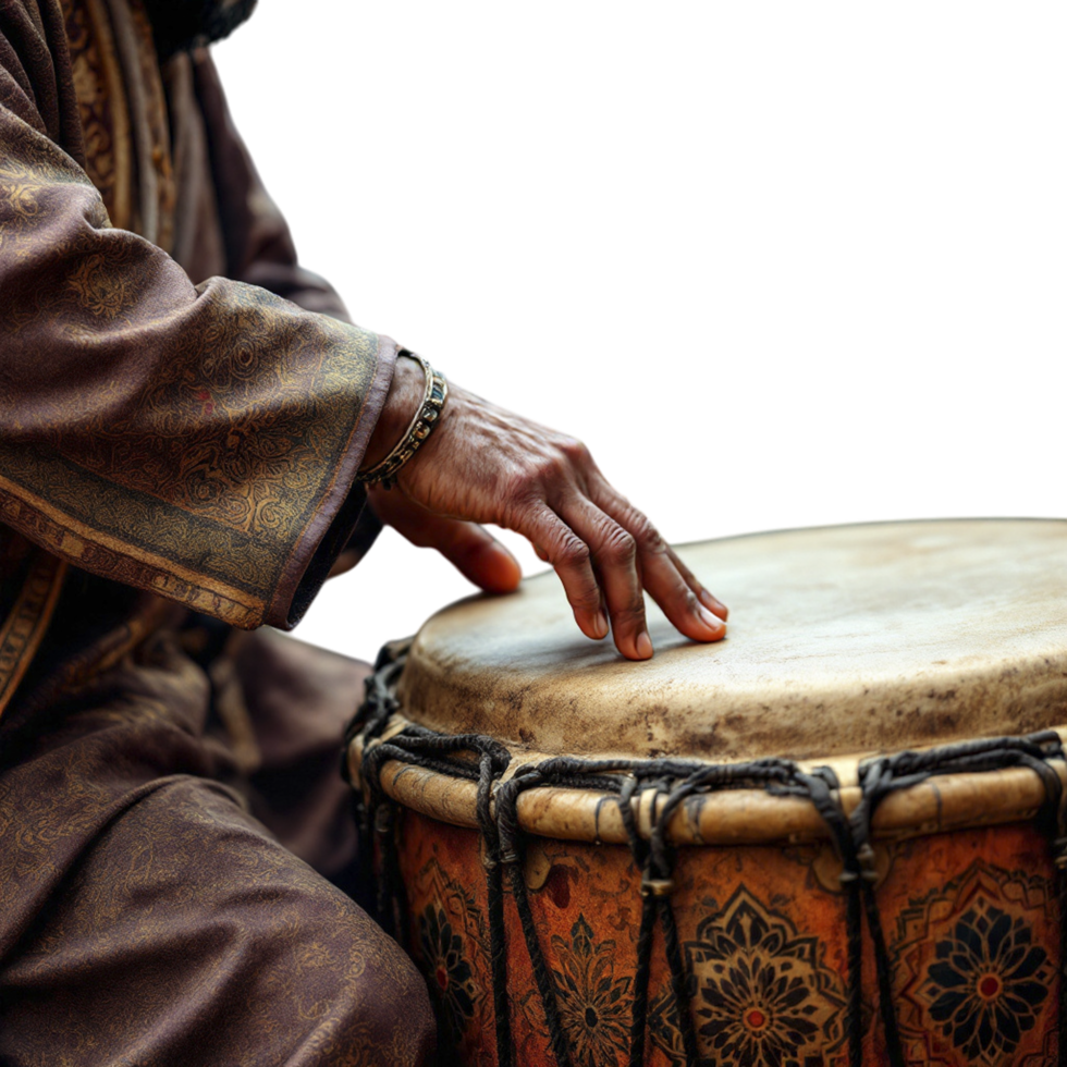A man is playing a drum on a black background png