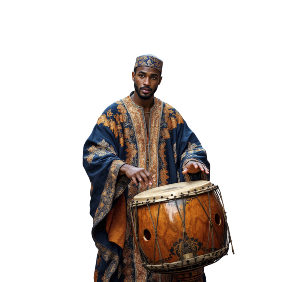 A man in an african outfit plays a drum png