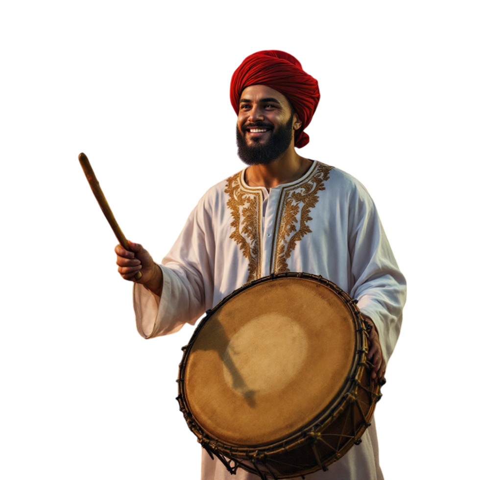 A man in traditional clothing is holding a drum png