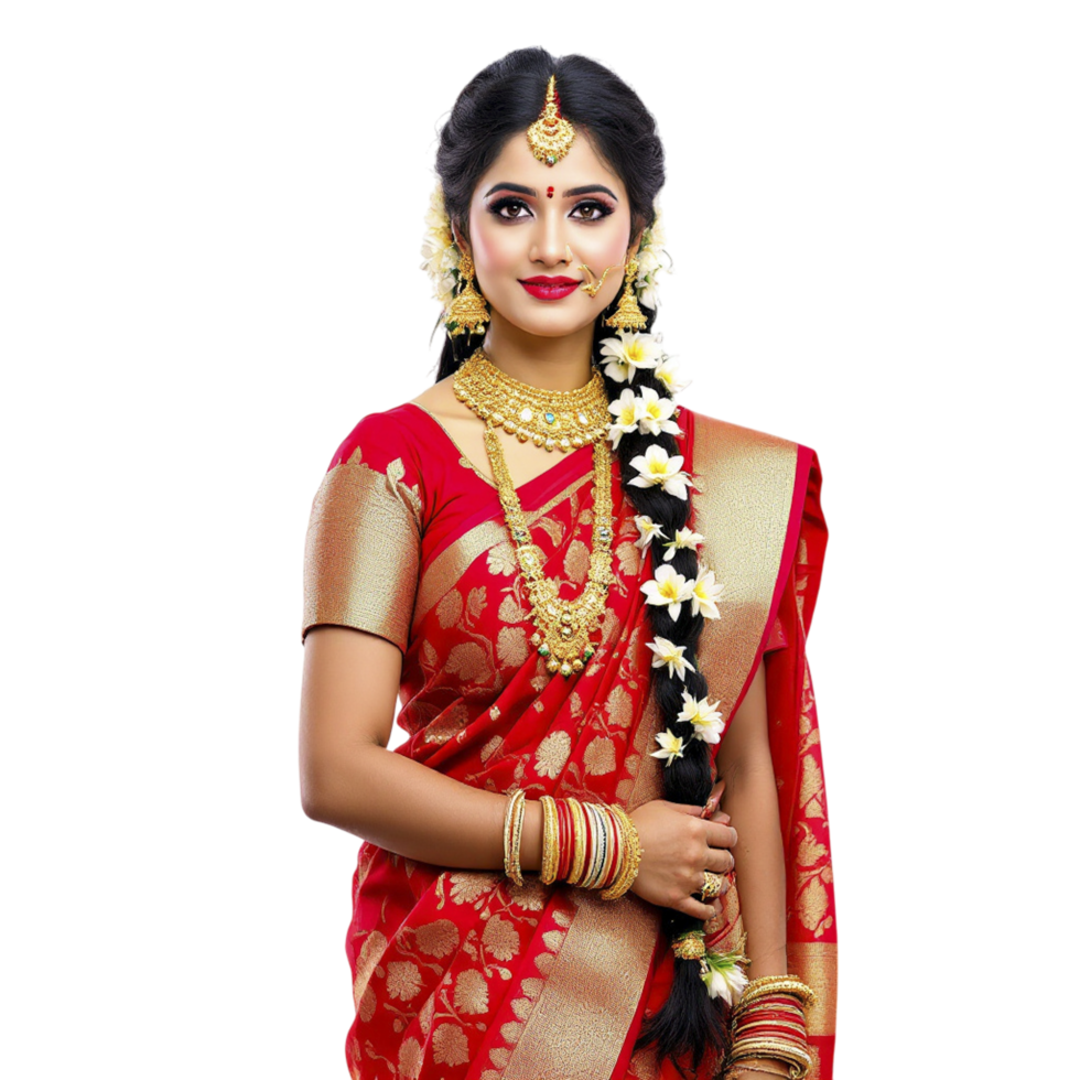 Beautiful indian woman in traditional red sari png