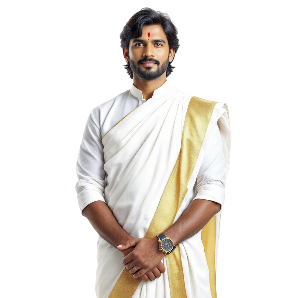 A man in a white sari with gold trim png