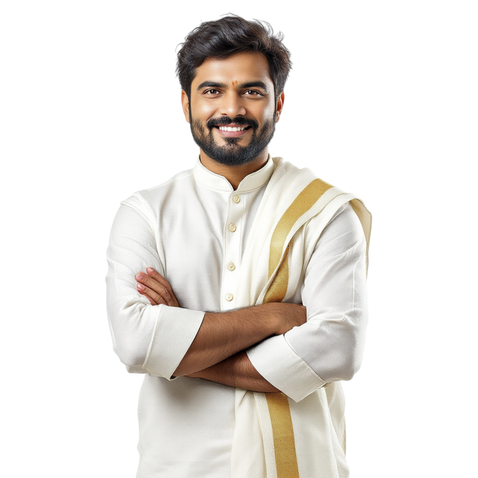 A man in a white shirt and gold sari png