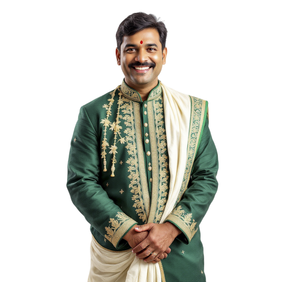 A man in a green and white traditional indian outfit png