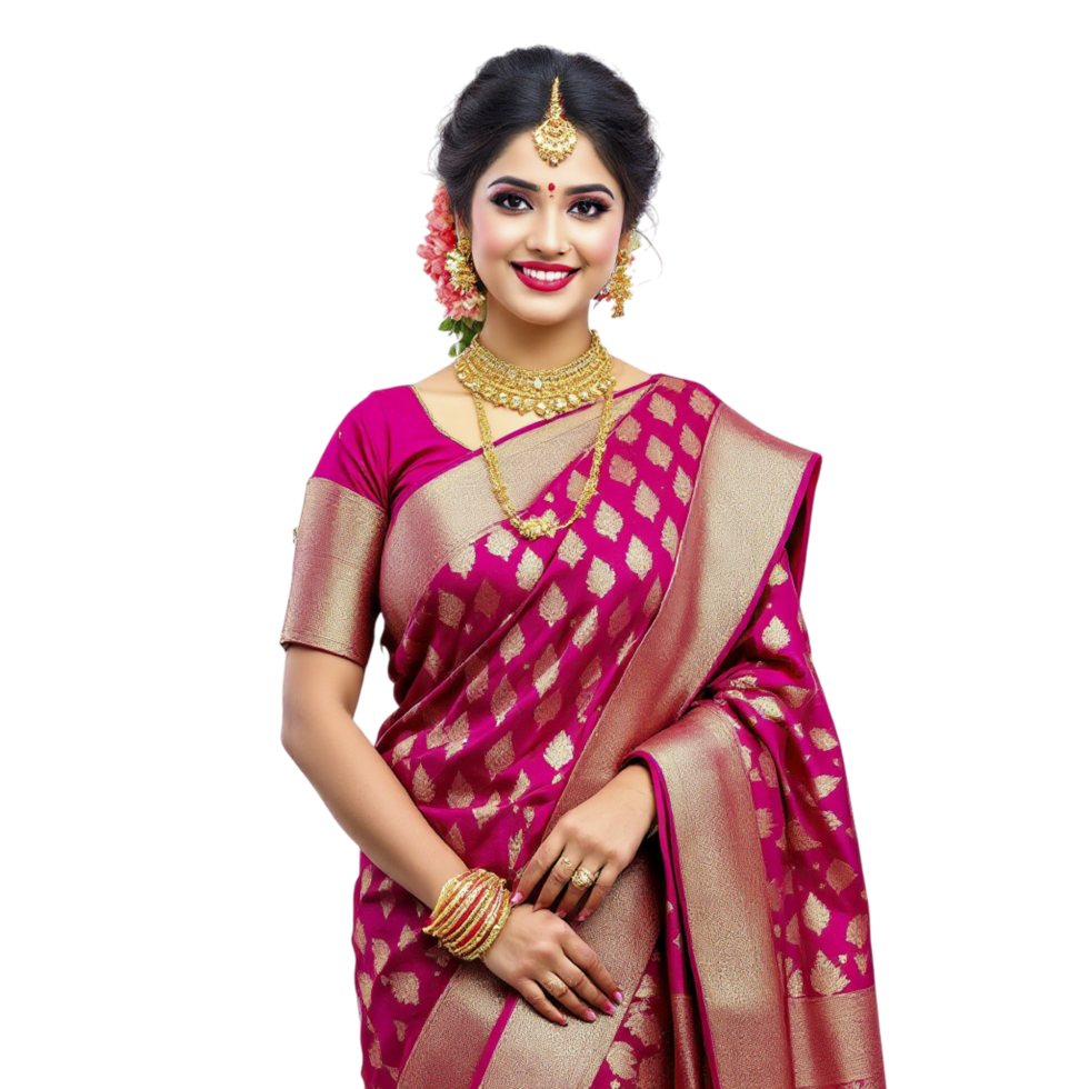 Pink silk saree with gold border png