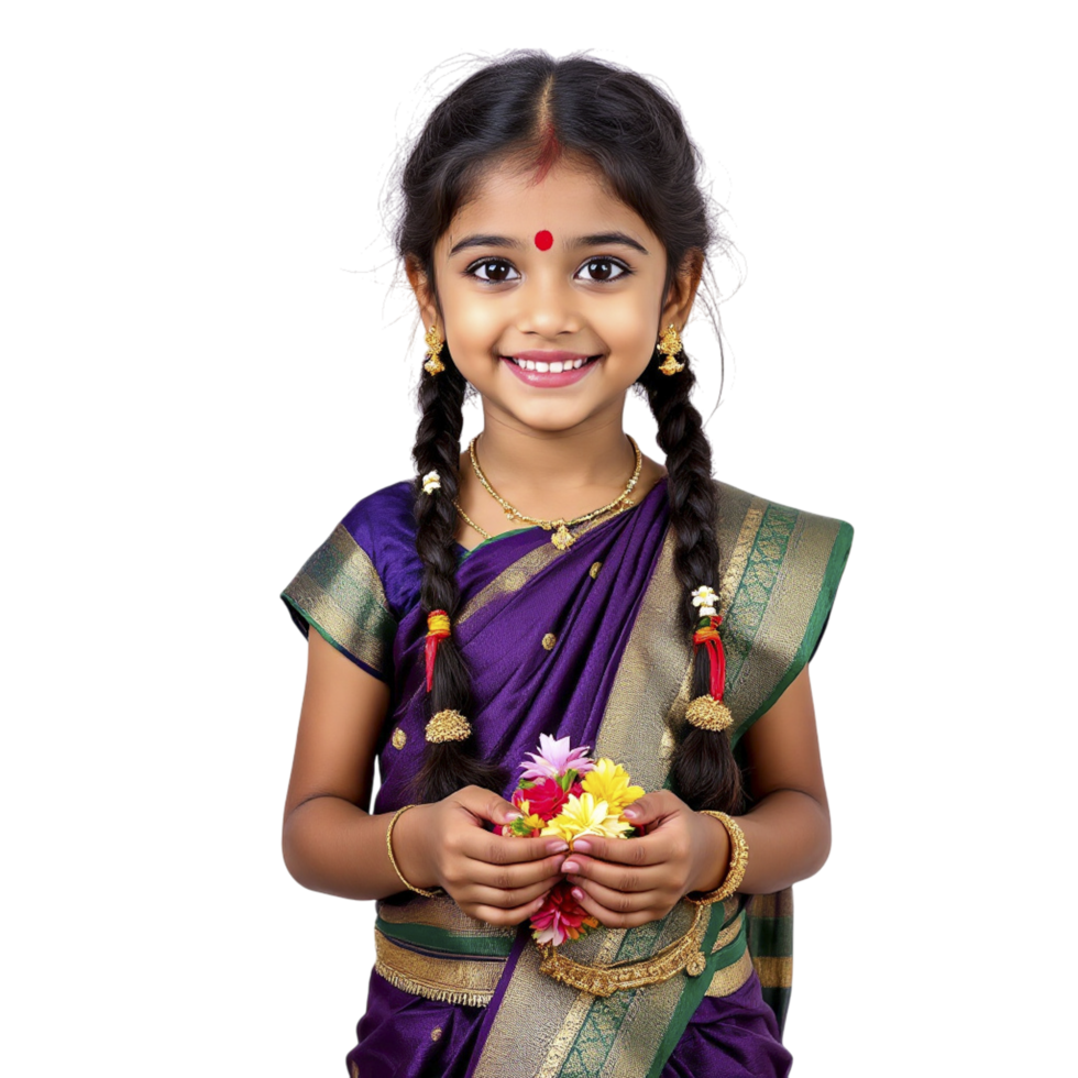 A little girl in a sari holding flowers png
